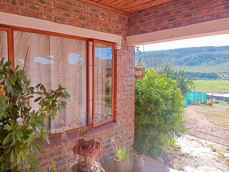 A covered patio featuring exposed brickwork and a timber ceiling, offering scenic views of the surrounding farm landscape.