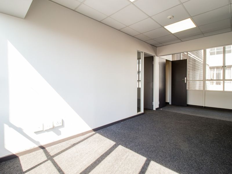 A bright, empty office space featuring neutral walls, carpeted flooring, a suspended ceiling with recessed lighting, and large windows providing natural light.