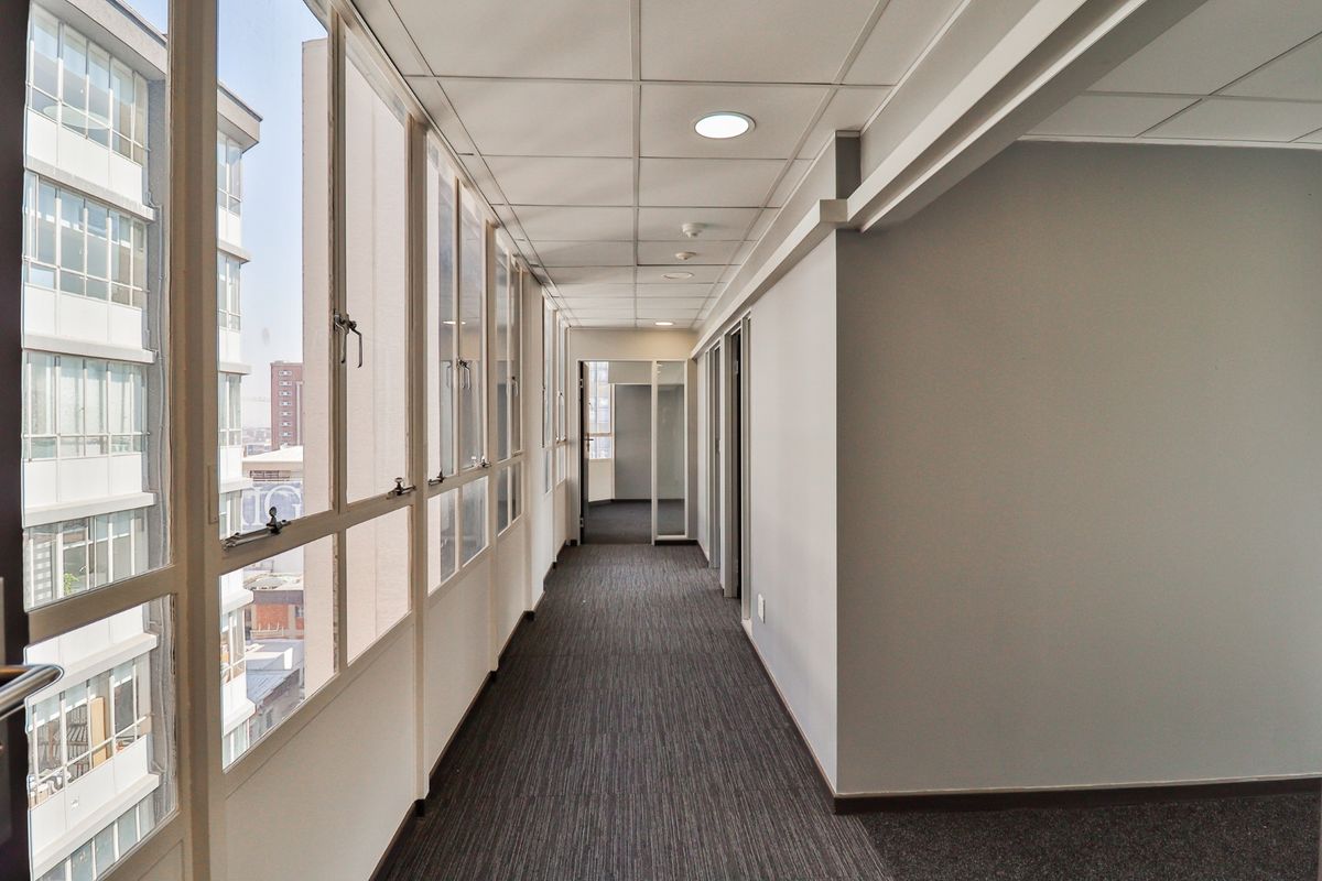 A bright, modern commercial hallway featuring carpeted flooring, a suspended ceiling with recessed lighting, and large windows providing ample natural light.