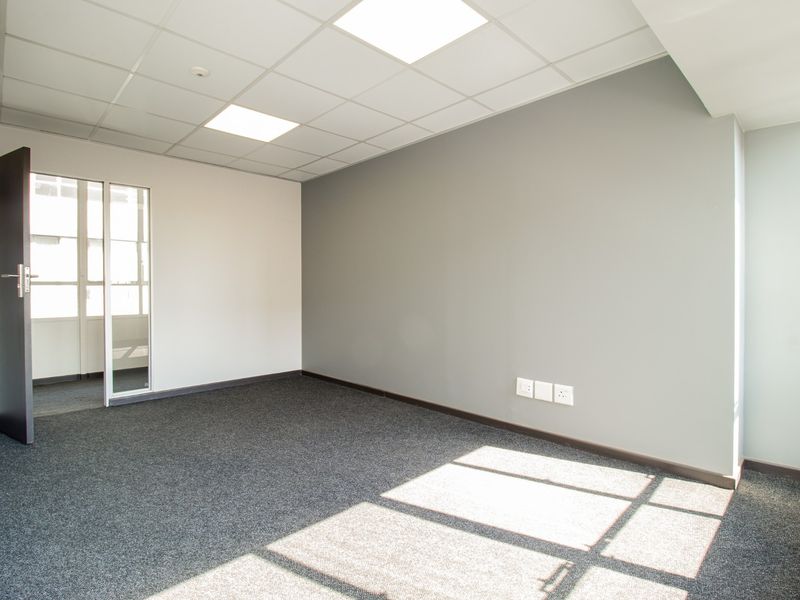 A clean, vacant office space featuring grey carpeting, neutral walls, a suspended ceiling with recessed lighting, and a glass-paneled entrance door.