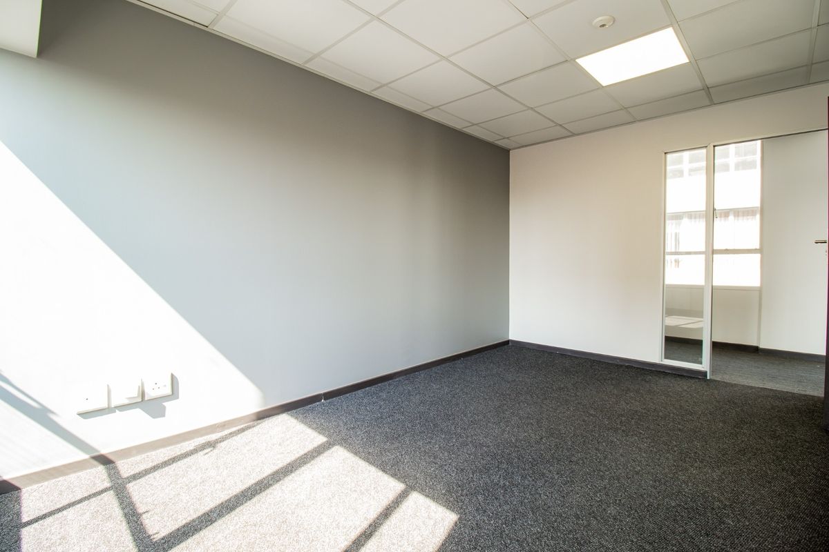 A clean, empty commercial office space featuring neutral grey walls, carpeted flooring, and a suspended ceiling with recessed lighting.