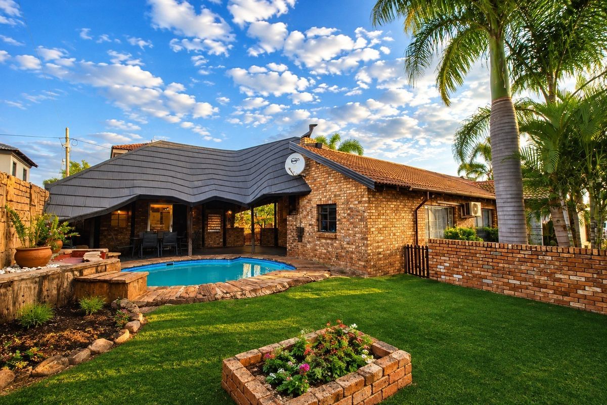 A well-maintained rear garden featuring a swimming pool, covered patio area, and established brick landscaping under a clear blue sky.