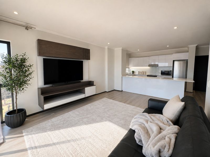 Modern open-plan living area featuring a sleek kitchen with white cabinetry and a built-in media console, finished with light laminate flooring.