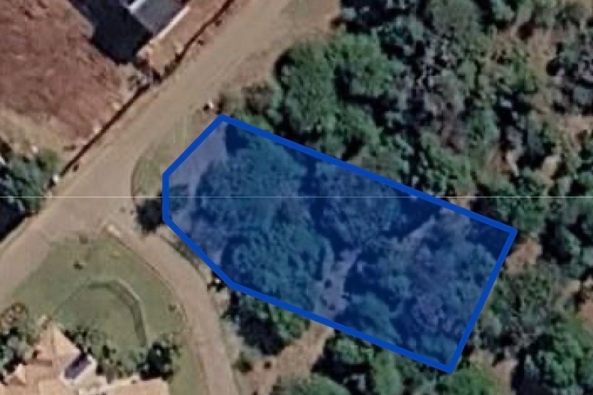 An aerial view of a vacant residential plot featuring established vegetation and surrounding neighborhood infrastructure.