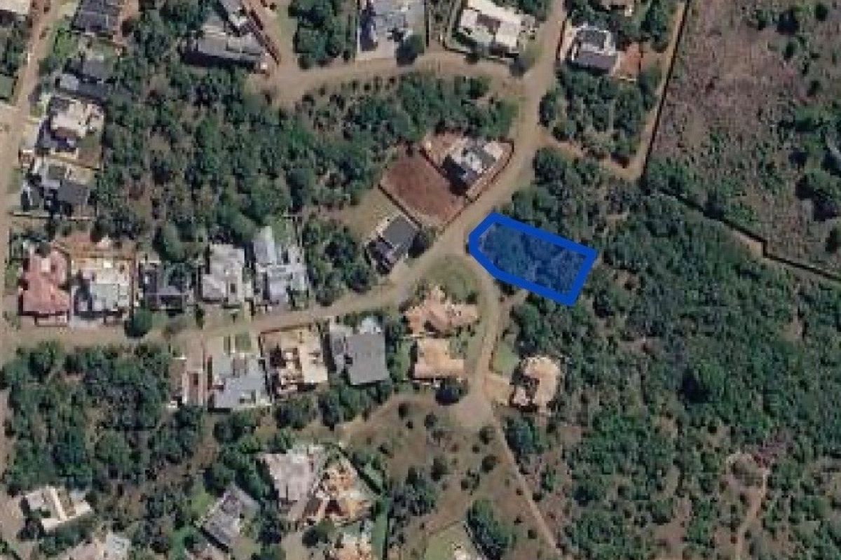 Aerial view of a vacant residential plot highlighted in blue, situated within a developed suburban estate with established vegetation.