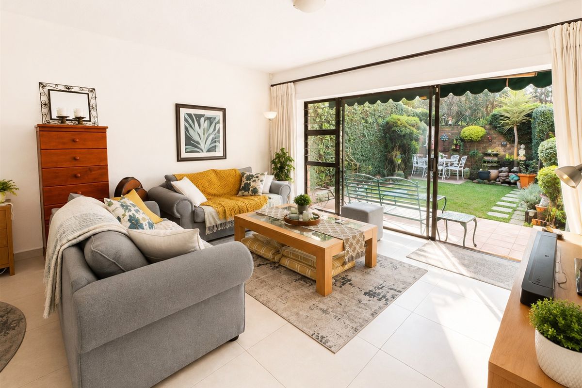 Bright living room featuring large sliding glass doors that provide seamless access to the rear patio and garden area.