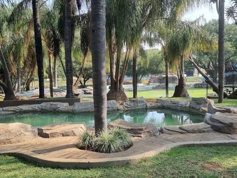 A naturalistic rock-lined swimming pool set within a lush, tree-filled garden, featuring a water slide and landscaped surroundings.