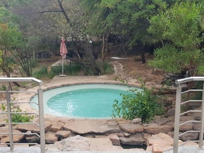 A circular swimming pool set within a natural stone surround, featuring stainless steel railings and a landscaped garden setting.
