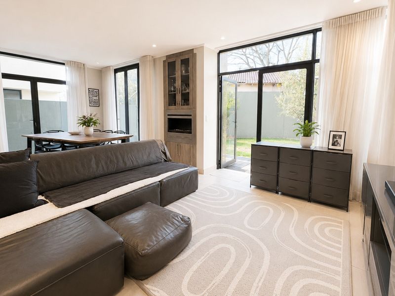 Modern open-plan living and dining area featuring large glass doors, neutral floor tiles, and built-in cabinetry with seamless access to the garden.
