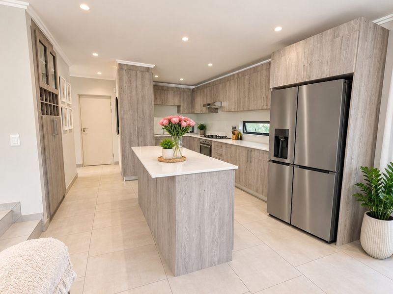 Modern kitchen featuring light wood-grain cabinetry, a central island with quartz countertops, integrated appliances, and sleek tiled flooring.