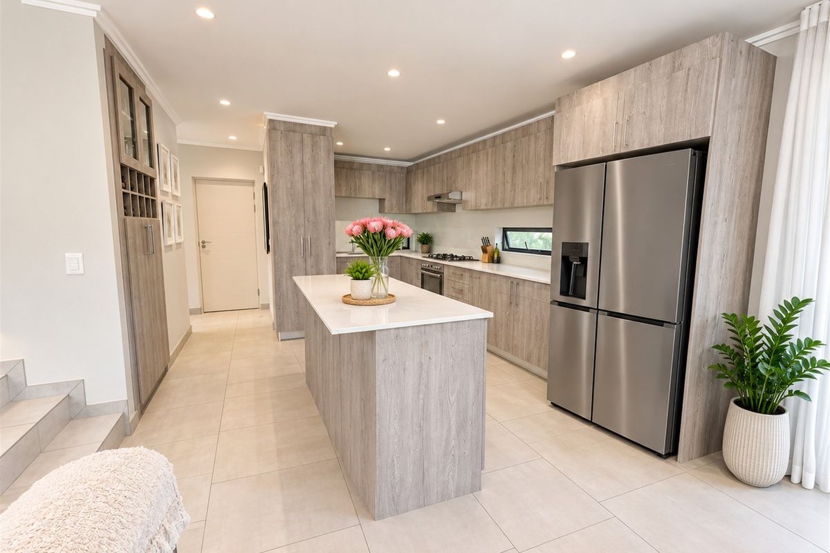 Modern kitchen featuring light wood-grain cabinetry, a central island with quartz countertops, integrated appliances, and sleek tiled flooring.