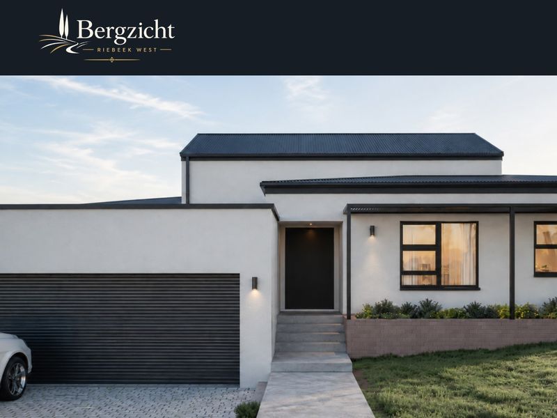 Modern front elevation featuring a double garage, clean white facade, dark metal roofing, and a paved entrance path with integrated lighting.