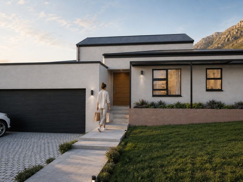 Modern single-story residence featuring a double garage, paved driveway, and a clean, contemporary facade with mountain views.