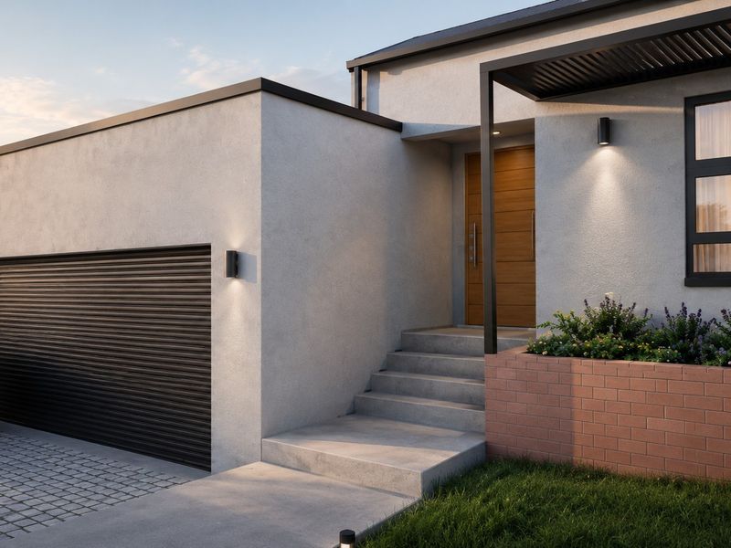 Modern front facade featuring a sleek garage door, timber entrance door, concrete steps, and a decorative brick planter box with integrated lighting.