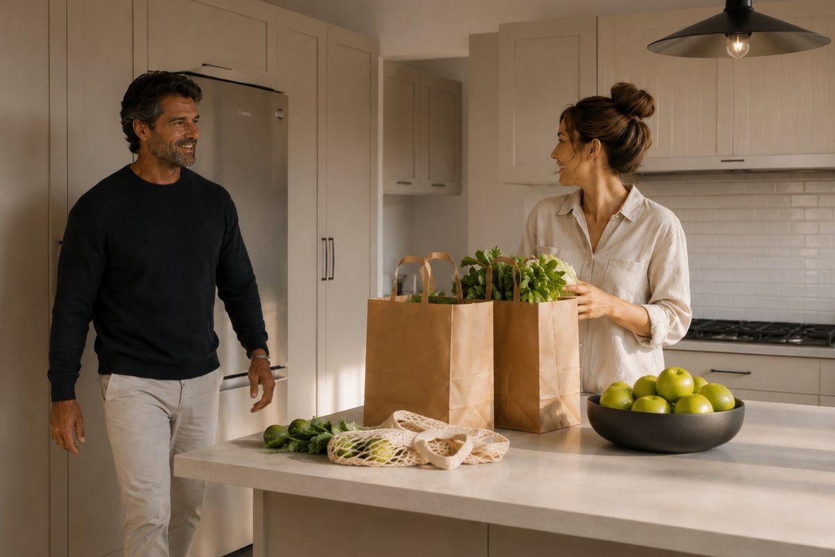 Modern kitchen featuring a large stone-topped island, sleek built-in cabinetry, subway tile backsplash, and integrated appliances in a bright, contemporary setting.