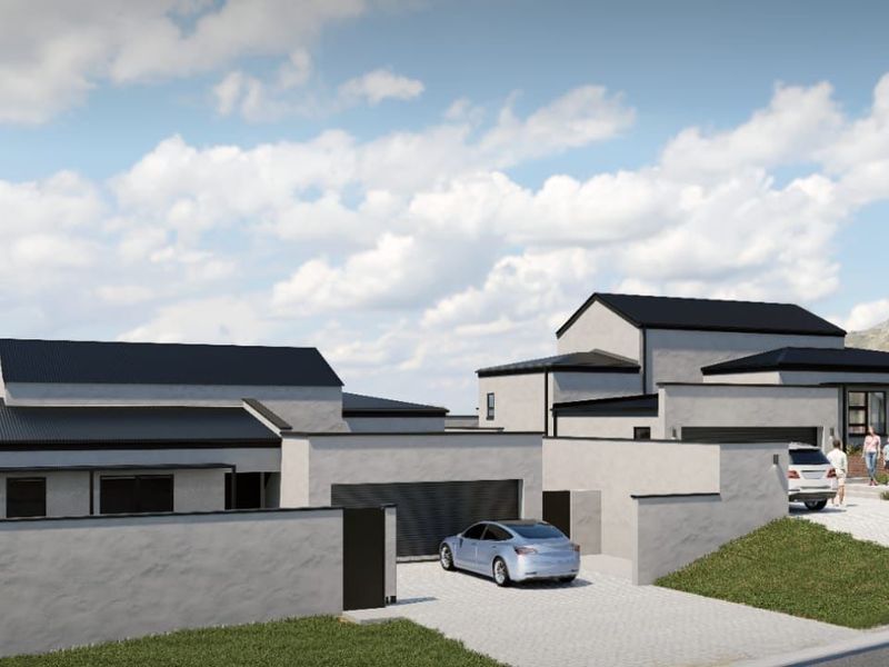 A modern architectural rendering of a residential property featuring a paved driveway, boundary walls, and multiple garage access points.