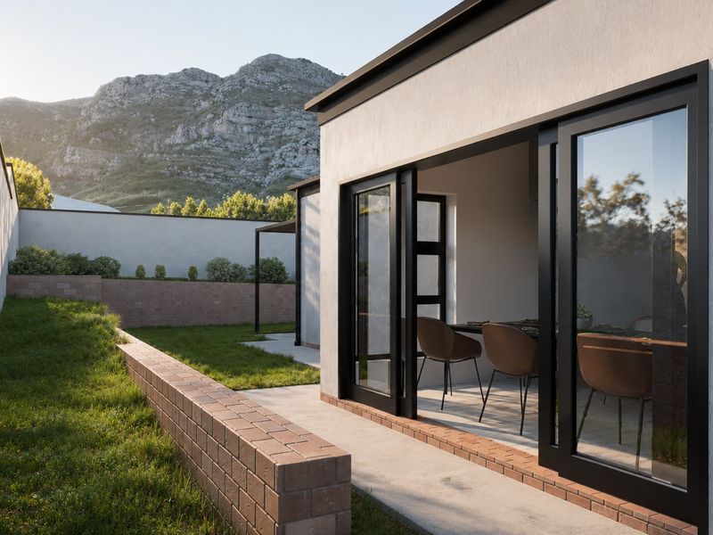 A modern rear exterior view featuring a landscaped garden, brick retaining wall, and large sliding glass doors leading into the home.
