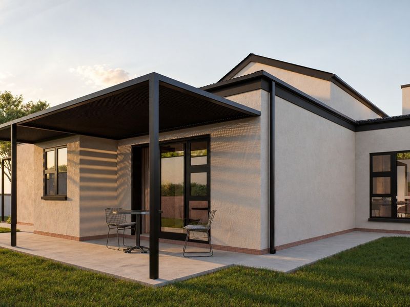 Modern rear exterior view featuring a covered patio with a sleek metal pergola, sliding glass doors, and clean plastered finishes.