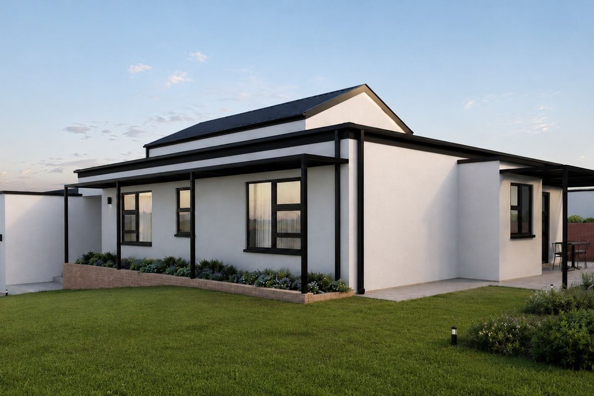 Modern single-story home exterior featuring a covered patio, clean white facade with black trim, and a well-maintained garden.