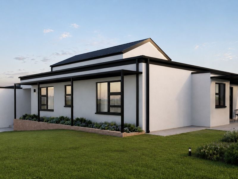 Modern single-story home exterior featuring a covered patio, clean white facade with black trim, and a well-maintained garden.