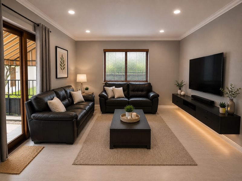 A modern, well-maintained living room featuring recessed lighting, crown molding, tiled floors, and a sleek floating media console with integrated under-cabinet lighting.