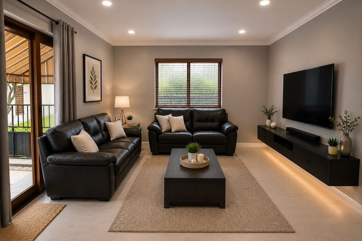 A modern, well-maintained living room featuring recessed lighting, crown molding, tiled floors, and a sleek floating media console with integrated under-cabinet lighting.