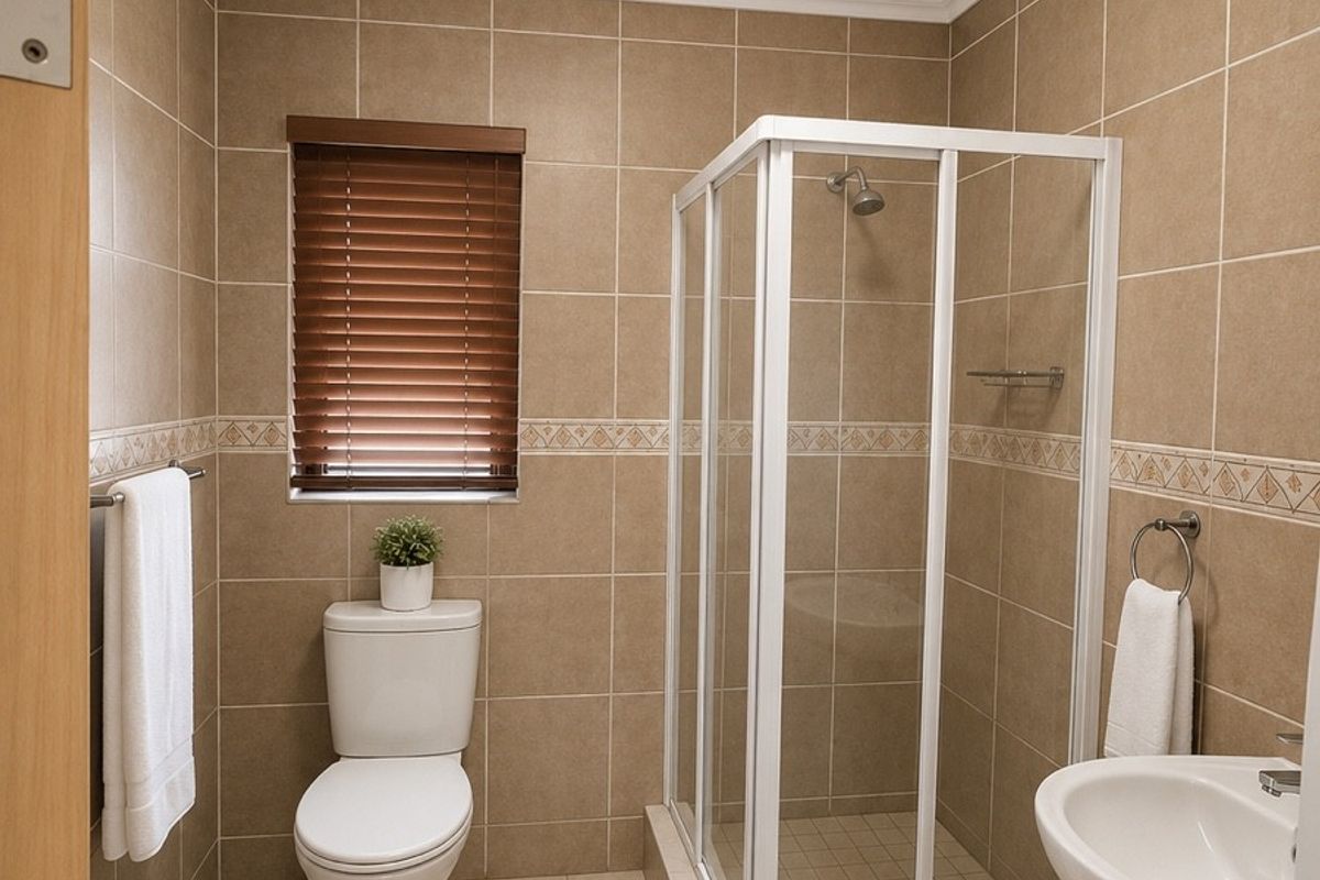 A clean, functional bathroom featuring a corner shower enclosure, pedestal basin, toilet, and neutral floor-to-ceiling wall tiling.