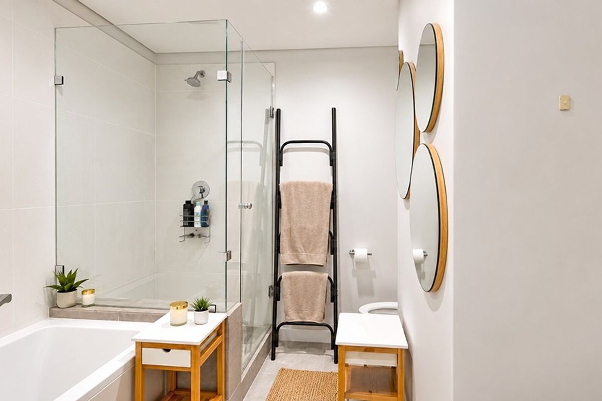 Modern bathroom featuring a glass-enclosed shower, built-in bathtub, and clean, contemporary finishes throughout.