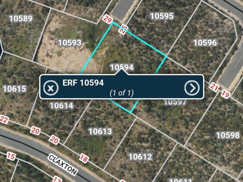 Aerial view of vacant residential land plot ERF 10594 showing property boundaries and surrounding street layout.
