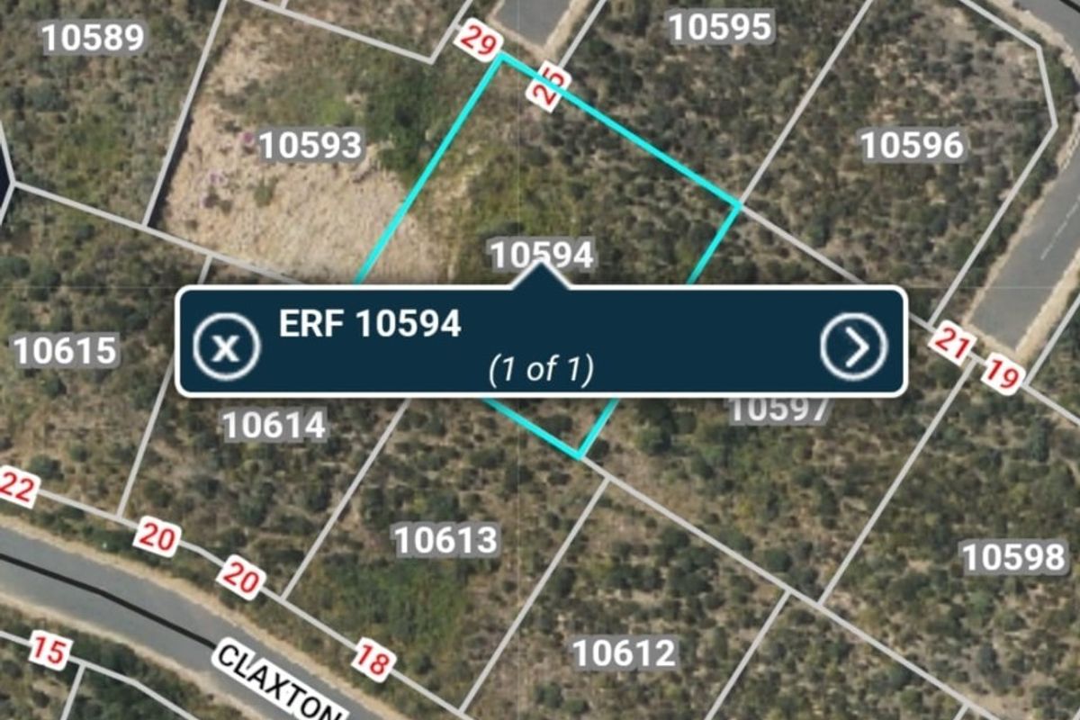 Aerial view of vacant residential land plot ERF 10594 showing property boundaries and surrounding street layout.