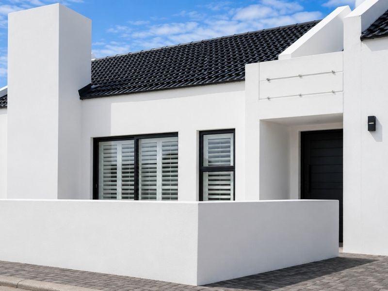 Modern front facade featuring a crisp white finish, black tiled roof, integrated garage, and clean architectural lines with contemporary window shutters.