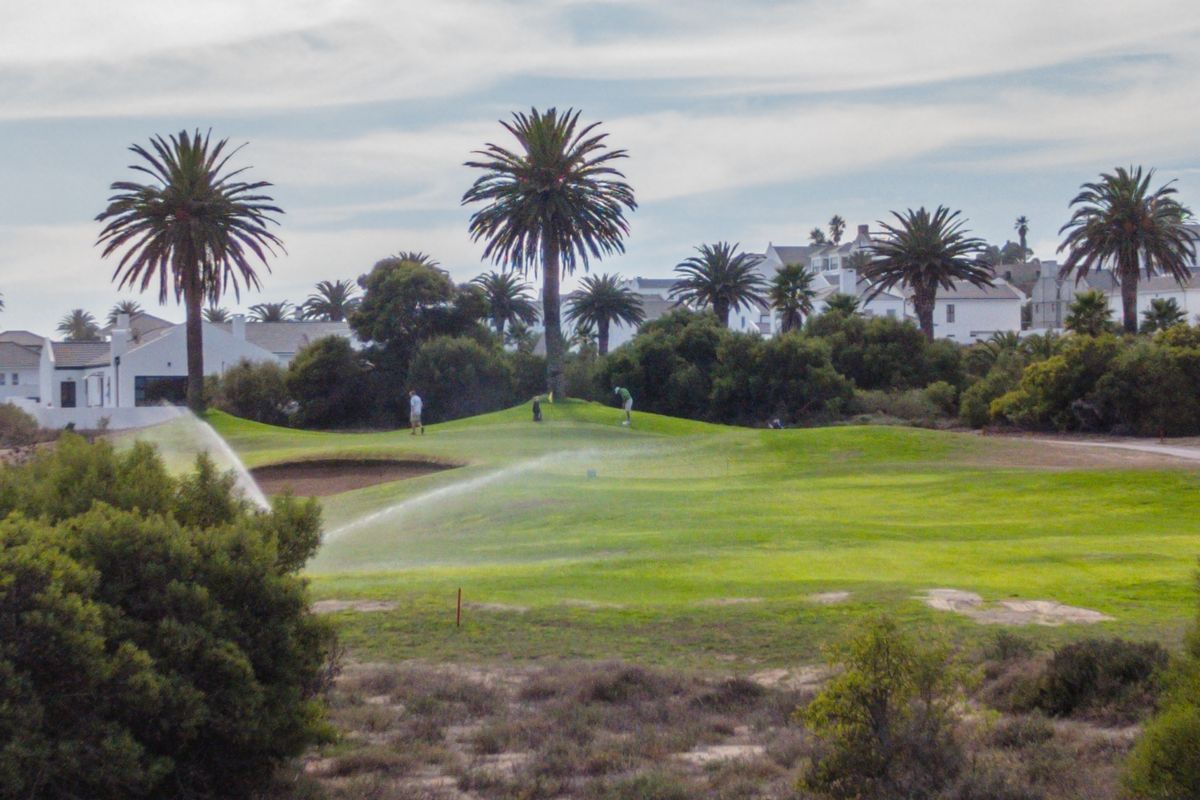 Scenic view overlooking a well-maintained golf course with lush green fairways, sand bunkers, and mature palm trees.