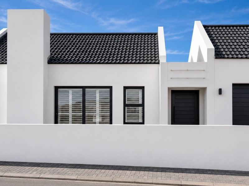 Modern front facade featuring a crisp white exterior, contrasting black roof tiles, window frames, and garage door, complemented by a clean boundary wall.