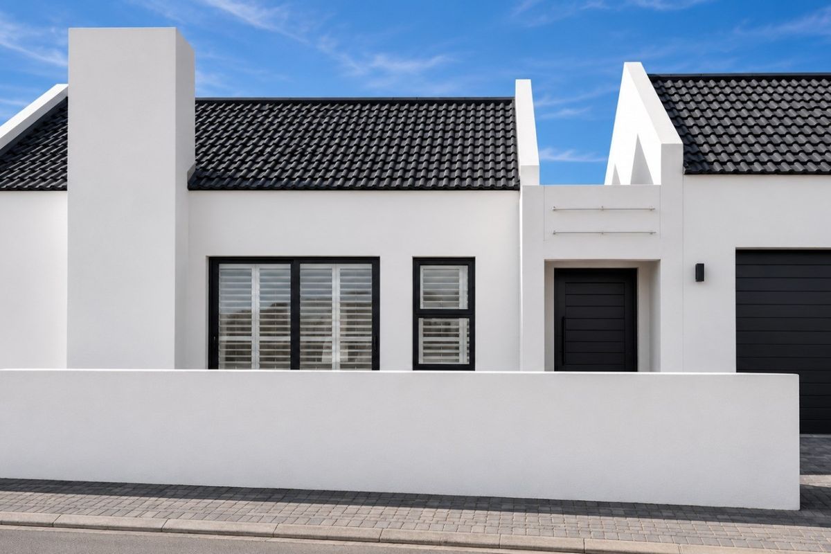 Modern front facade featuring a crisp white exterior, contrasting black roof tiles, window frames, and garage door, complemented by a clean boundary wall.