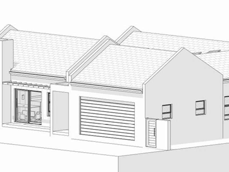 A 3D architectural rendering showing the exterior design, roof structure, and layout of the proposed house.
