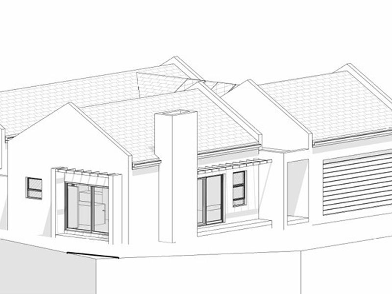 A 3D architectural rendering showing the exterior layout and roof structure of the house.