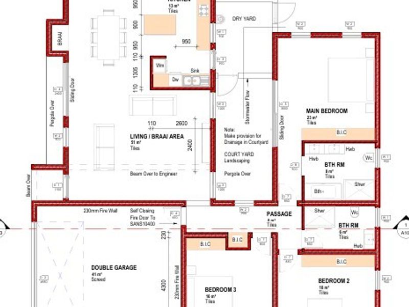 Architectural floor plan showing a three-bedroom house layout with an open-plan living area, kitchen, double garage, and courtyard.