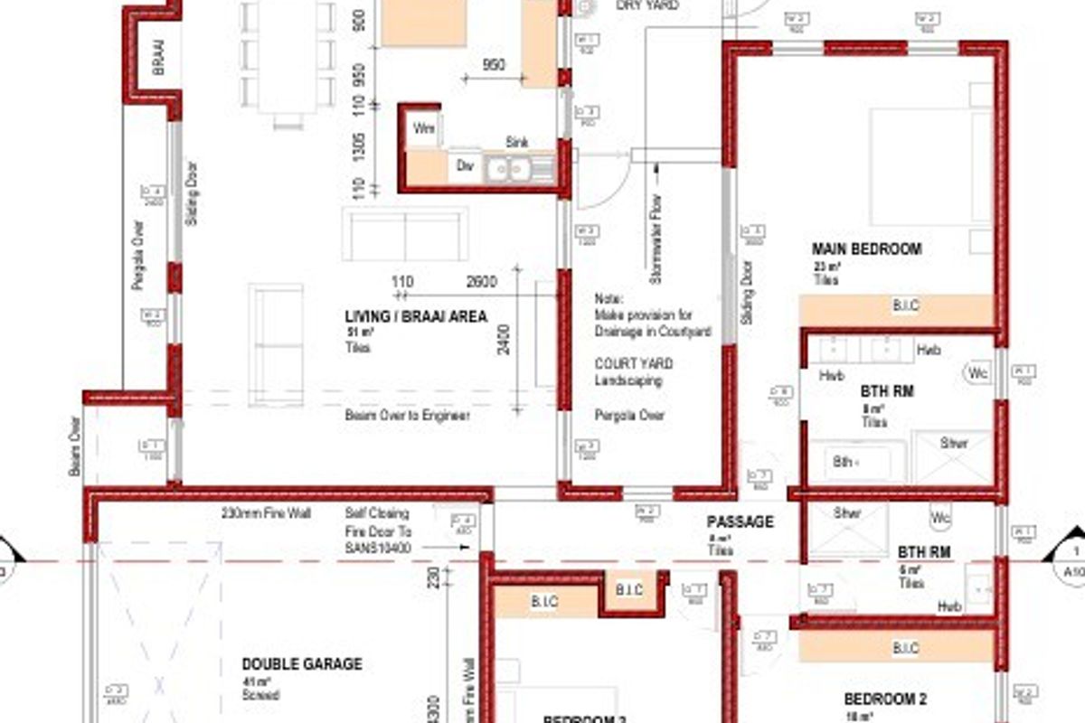 Architectural floor plan showing a three-bedroom house layout with an open-plan living area, kitchen, double garage, and courtyard.