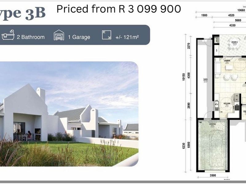 A marketing floor plan for a 121m2, two-bedroom, two-bathroom unit with a single garage, including an architectural rendering of the exterior.