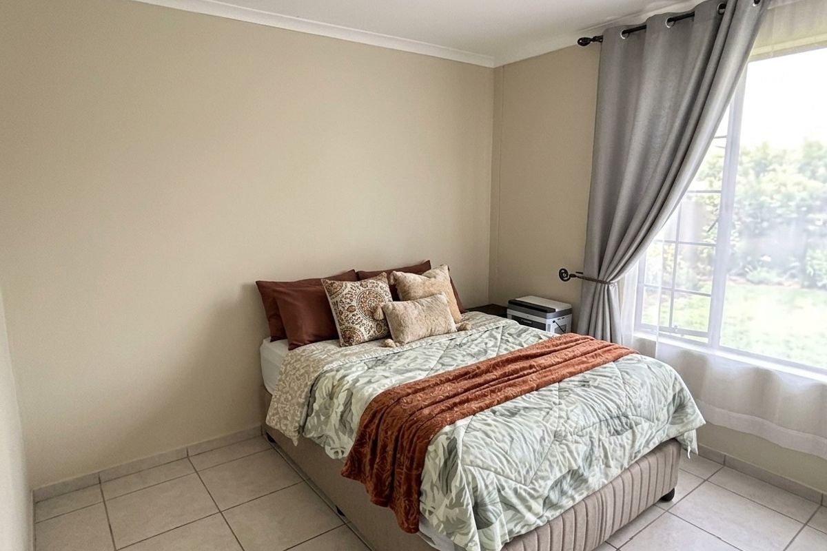 A bedroom featuring neutral wall tones, tiled flooring, and a large window that allows for natural light.