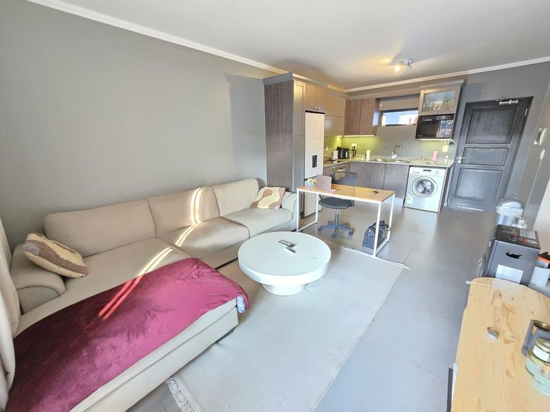 Open-plan living area featuring a modern kitchen with built-in cabinetry, integrated appliances, and tiled flooring, seamlessly connected to the lounge space.
