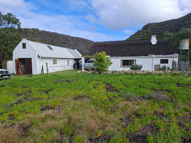 Rear view of a farm property featuring a traditional thatched roof cottage and an adjacent barn structure set against a mountain landscape.