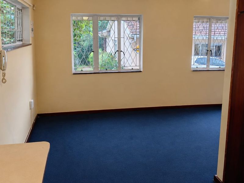 An empty bedroom featuring blue carpeting, built-in wooden cupboards, and windows fitted with security bars.