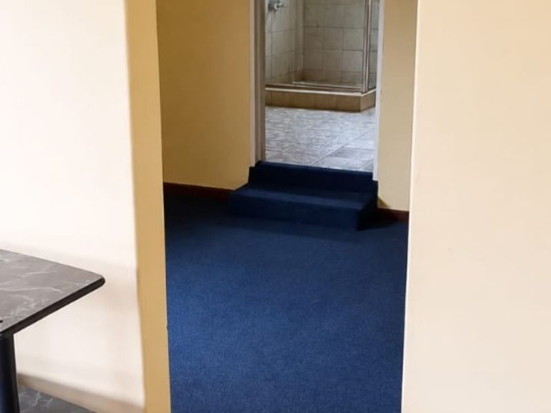 A view through a doorway into a carpeted hallway leading to a bathroom with a shower enclosure.