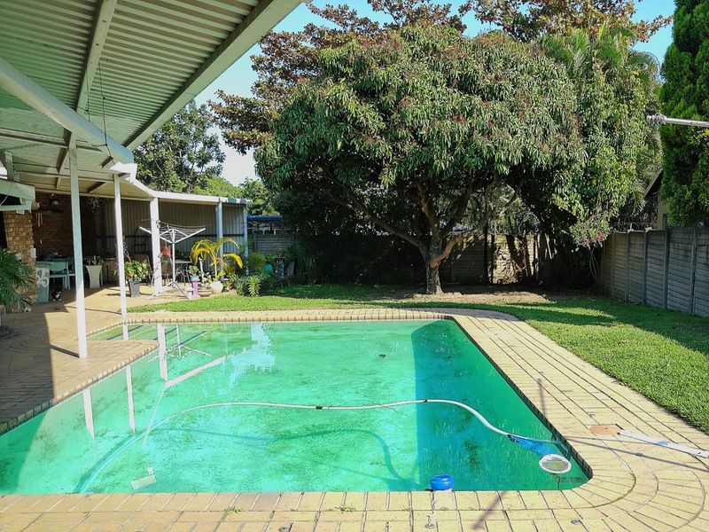 Outdoor pool area featuring a swimming pool with brick coping, adjacent to a covered patio and a spacious garden with mature trees.