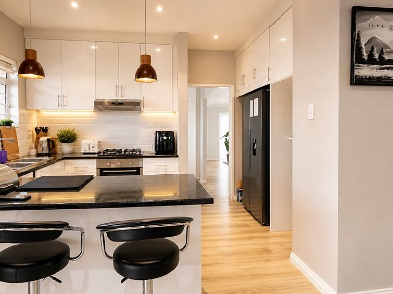Modern kitchen featuring sleek white cabinetry, granite countertops, subway tile backsplash, and integrated appliances with warm under-cabinet lighting and wood-look flooring.