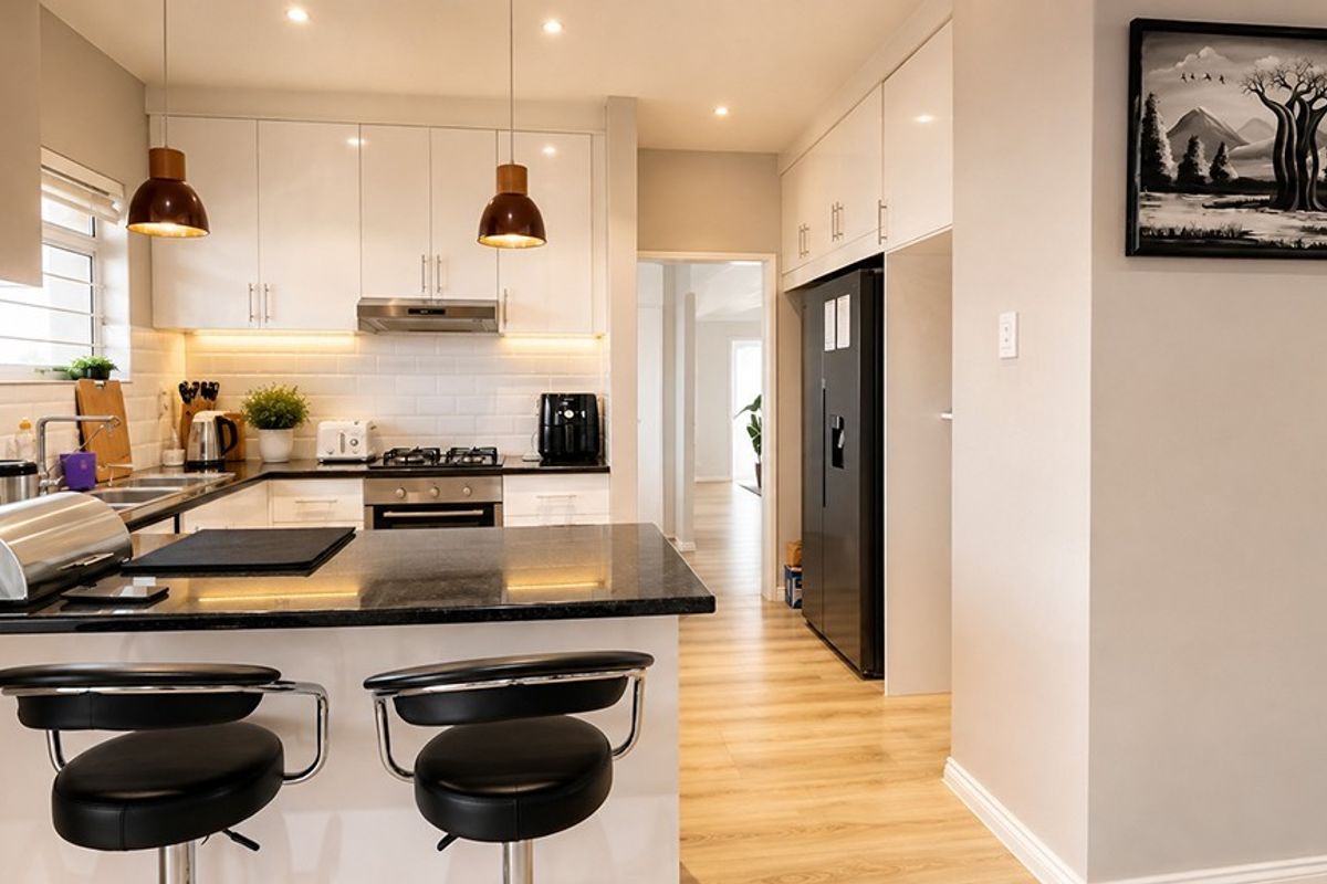 Modern kitchen featuring sleek white cabinetry, granite countertops, subway tile backsplash, and integrated appliances with warm under-cabinet lighting and wood-look flooring.