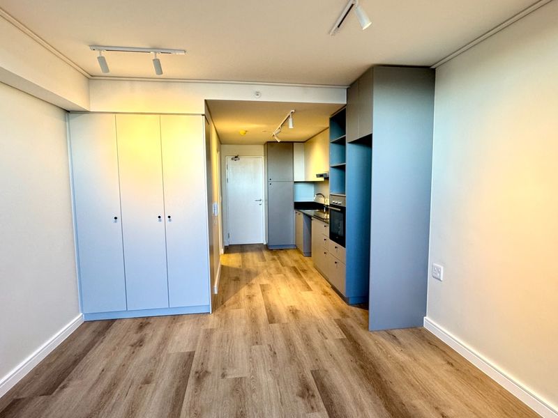 Modern open-plan living area featuring light wood-look laminate flooring, built-in cabinetry, and a compact integrated kitchen with sleek finishes.