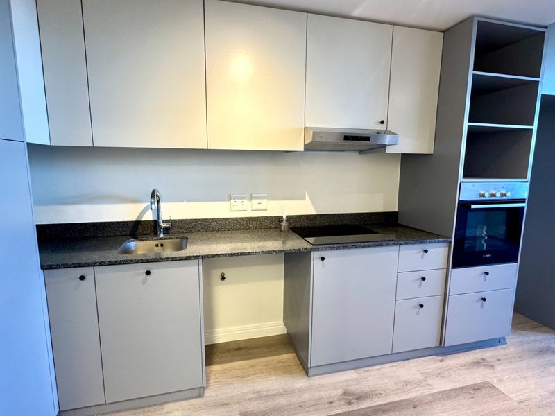 Modern kitchen featuring sleek grey cabinetry, granite countertops, integrated oven, electric hob, and extractor fan with light-toned laminate flooring.