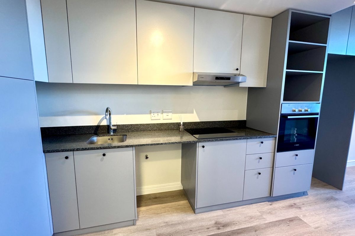 Modern kitchen featuring sleek grey cabinetry, granite countertops, integrated oven, electric hob, and extractor fan with light-toned laminate flooring.
